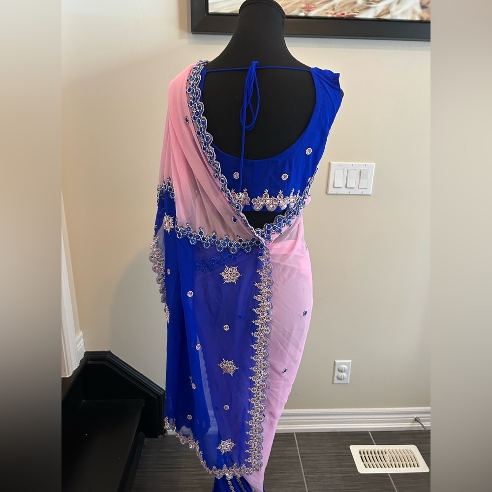 Blue & Blush Pink Embellished Saree with Ready-Made Blouse - Picture 5 of 9